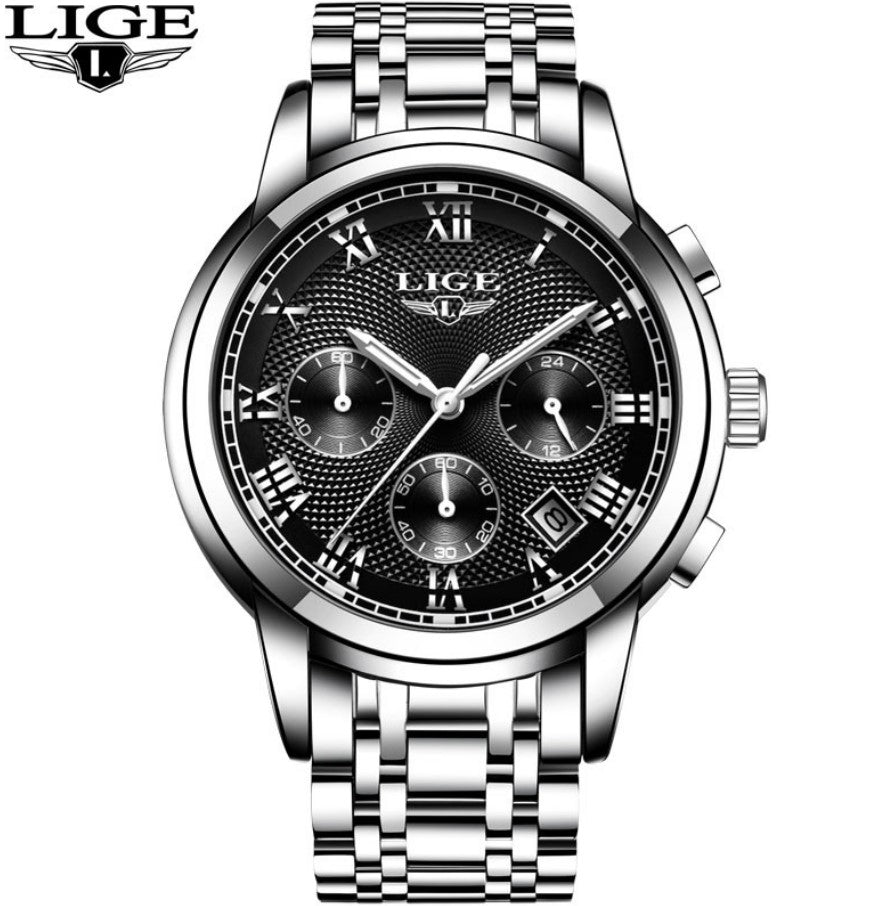 Men's Watch LIGE Multi-Function Three-Eye Corrugated Watch - Silver Black