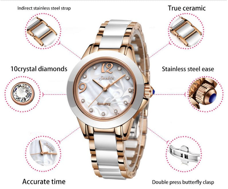 SUNKTA Explosive Ceramic Ladies Watch - Silver White