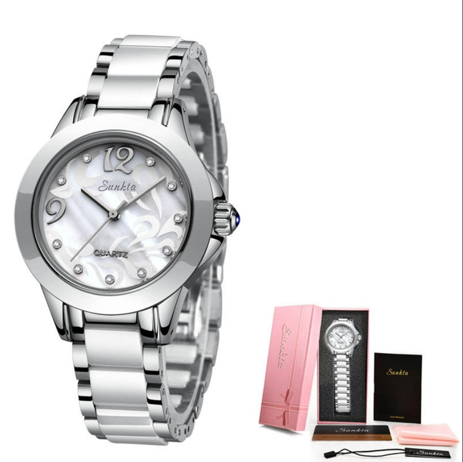 SUNKTA Explosive Ceramic Ladies Watch - Silver White
