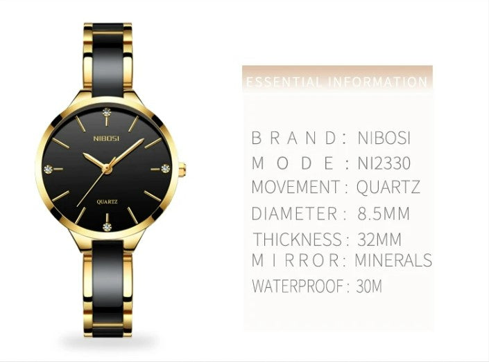 NIBOSI Luxury Ceramic Ladies Bracelet Watch- Gold Black