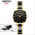NIBOSI Luxury Ceramic Ladies Bracelet Watch- Gold Black