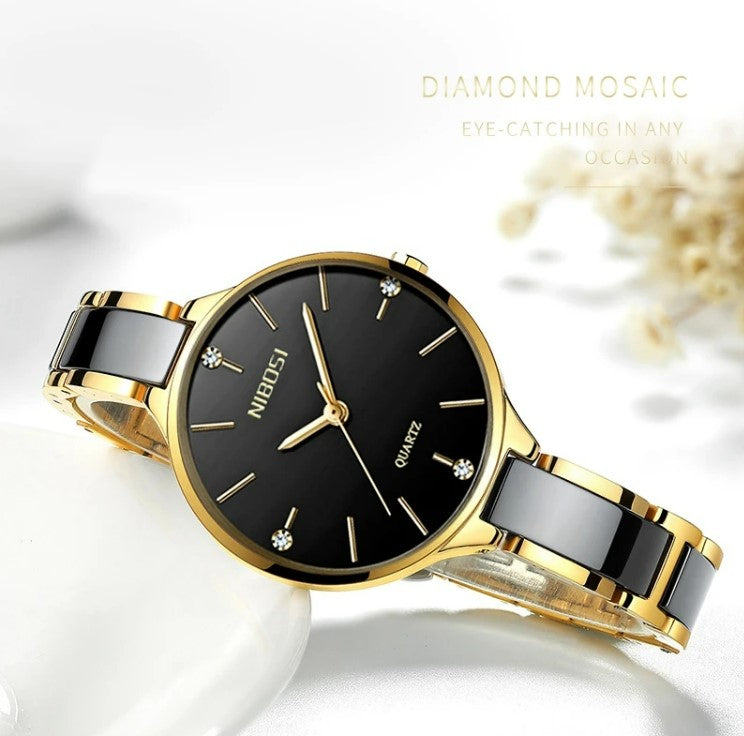 NIBOSI Luxury Ceramic Ladies Bracelet Watch- Gold Black