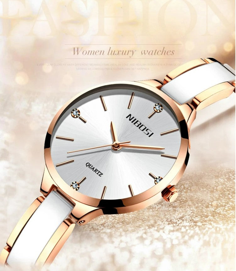 NIBOSI Luxury Ceramic Ladies Bracelet Watch - Rose White