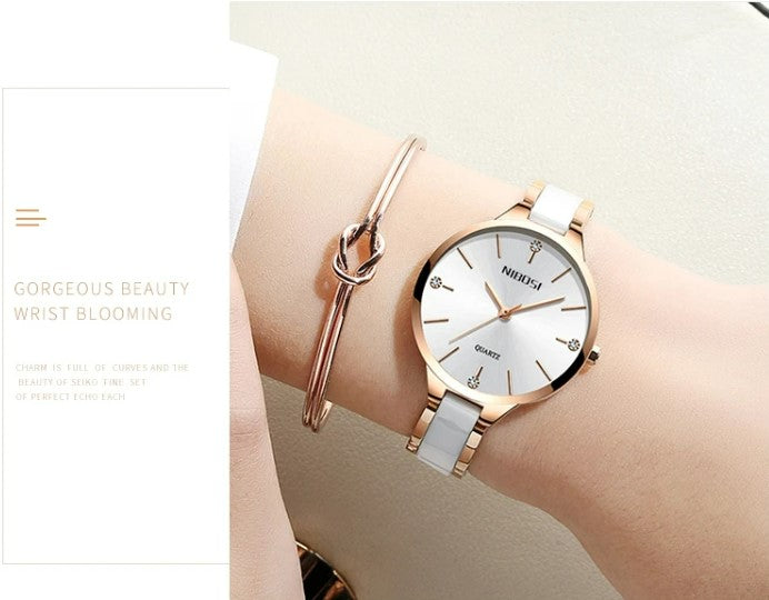 NIBOSI Luxury Ceramic Ladies Bracelet Watch - Rose White