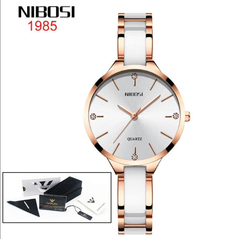 NIBOSI Luxury Ceramic Ladies Bracelet Watch - Rose White